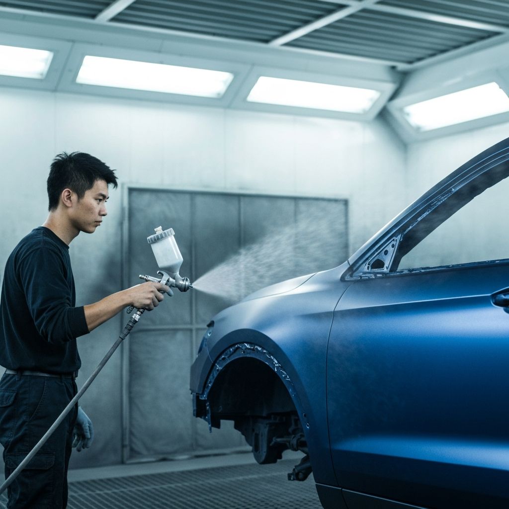 Car being repaired in spray booth